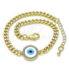 Oro Laminado Fancy Bracelet, Gold Filled Style Evil Eye Design, with White Micro Pave and White Mother of Pearl, Polished, Golden Finish, 03.341.0166.08