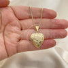 Oro Laminado Pendant Necklace, Gold Filled Style Heart and Flower Design, Polished, Golden Finish, 04.117.0014.20