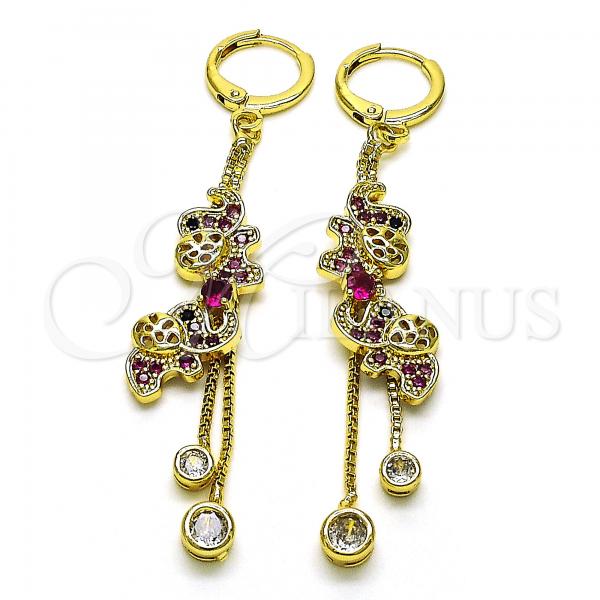 Oro Laminado Long Earring, Gold Filled Style Elephant Design, with Ruby and Black Micro Pave, Polished, Golden Finish, 02.316.0079