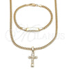 Oro Laminado Necklace and Bracelet, Gold Filled Style Crucifix and Miami Cuban Design, Polished, Golden Finish, 06.63.0273