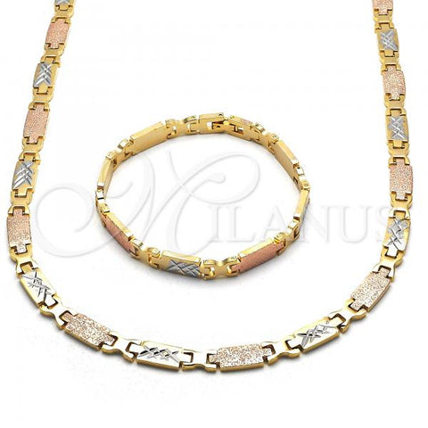 Oro Laminado Necklace and Bracelet, Gold Filled Style Diamond Cutting Finish, Tricolor, 06.102.0008