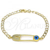 Oro Laminado Fancy Bracelet, Gold Filled Style Paperclip and Evil Eye Design, with White Micro Pave, Polished, Golden Finish, 03.313.0037.08