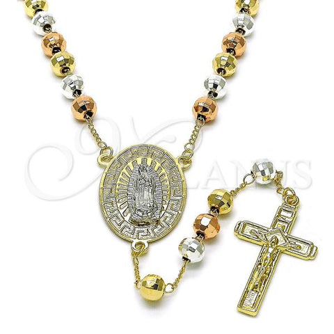 Oro Laminado Medium Rosary, Gold Filled Style Guadalupe and Greek Key Design, Polished, Tricolor, 09.411.0003.24