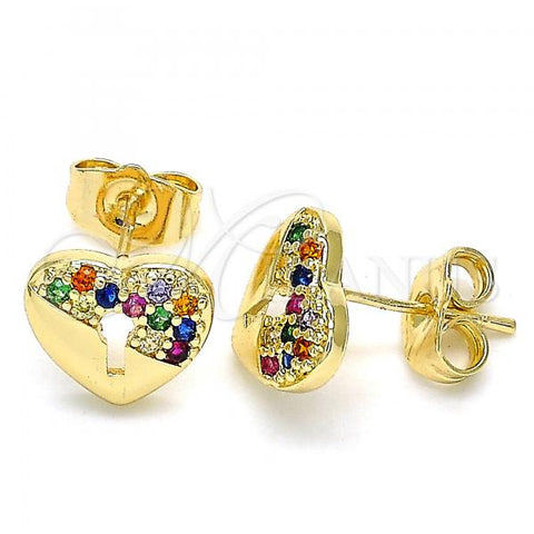 Oro Laminado Stud Earring, Gold Filled Style Heart Design, with Multicolor Micro Pave, Polished, Golden Finish, 02.210.0416.1