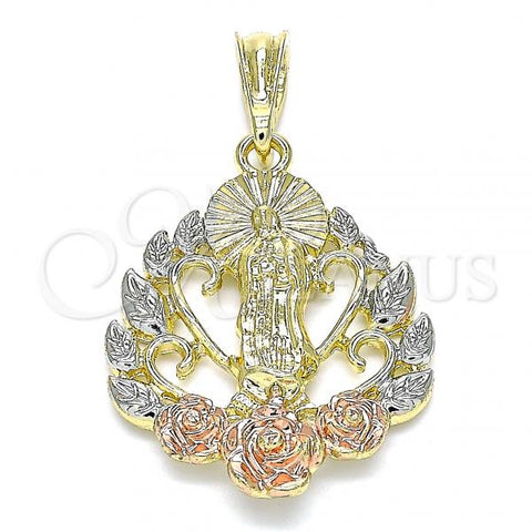 Oro Laminado Religious Pendant, Gold Filled Style Guadalupe and Flower Design, Polished, Tricolor, 05.380.0051