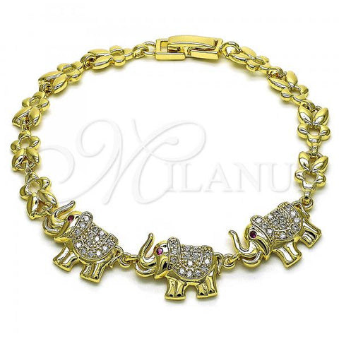 Oro Laminado Fancy Bracelet, Gold Filled Style Elephant and Leaf Design, with White and Ruby Micro Pave, Polished, Golden Finish, 03.284.0022.1.08