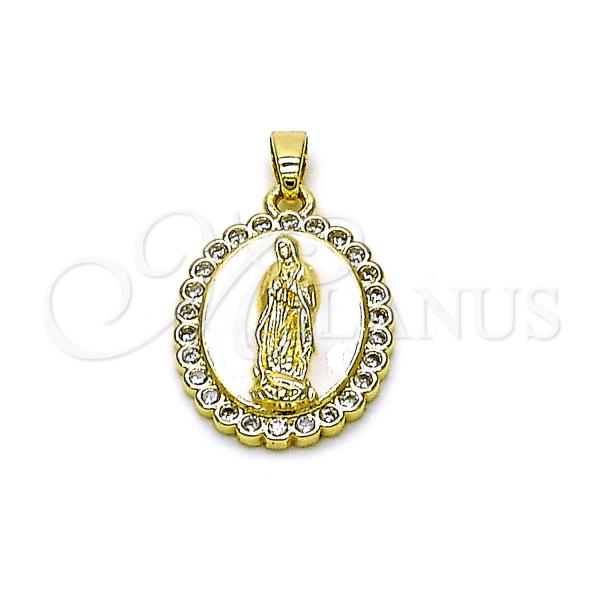 Oro Laminado Religious Pendant, Gold Filled Style Guadalupe Design, with White Cubic Zirconia, White Enamel Finish, Golden Finish, 05.284.0016