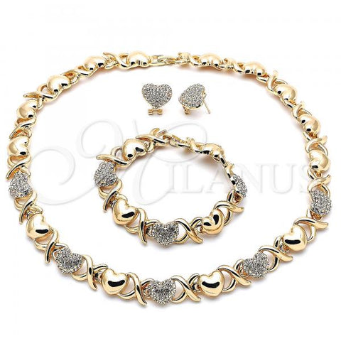 Oro Laminado Necklace, Bracelet and Earring, Gold Filled Style Hugs and Kisses and Heart Design, with White Crystal, Polished, Golden Finish, 06.372.0038