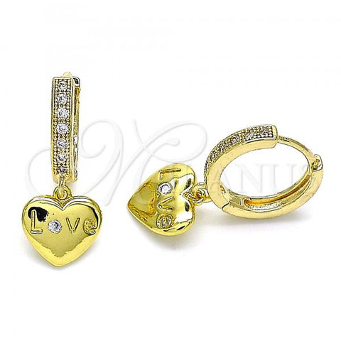 Oro Laminado Huggie Hoop, Gold Filled Style Heart and Love Design, with White Micro Pave and White Cubic Zirconia, Polished, Golden Finish, 02.368.0013.15