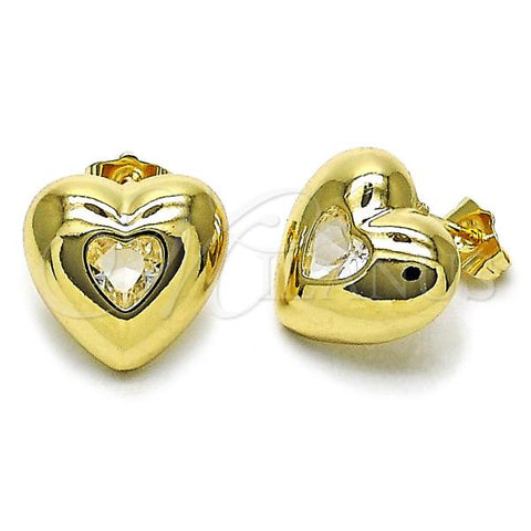 Oro Laminado Stud Earring, Gold Filled Style Heart Design, with White Cubic Zirconia, Polished, Golden Finish, 02.163.0373