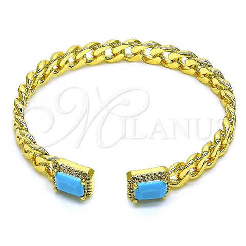 Oro Laminado Individual Bangle, Gold Filled Style Miami Cuban Design, with Turquoise Cubic Zirconia and White Micro Pave, Polished, Golden Finish, 07.341.0035.6
