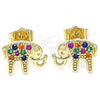 Oro Laminado Stud Earring, Gold Filled Style Elephant Design, with Multicolor Micro Pave, Polished, Golden Finish, 02.210.0405.1