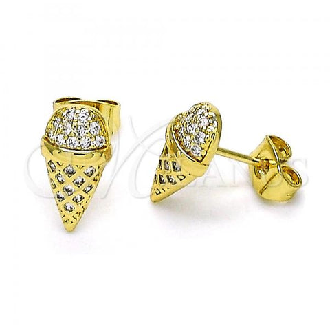 Oro Laminado Stud Earring, Gold Filled Style Ice Cream Design, with White Micro Pave, Polished, Golden Finish, 02.344.0133