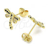 Oro Laminado Stud Earring, Gold Filled Style Dragon-Fly Design, with Black and White Micro Pave, Polished, Golden Finish, 02.156.0396.7