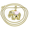 Oro Laminado Pendant Necklace, Gold Filled Style Elephant Design, with White and Black Crystal, Pink Enamel Finish, Golden Finish, 04.380.0025.4.20