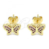 Oro Laminado Stud Earring, Gold Filled Style Butterfly Design, with Ruby Micro Pave, Polished, Golden Finish, 02.156.0443.1