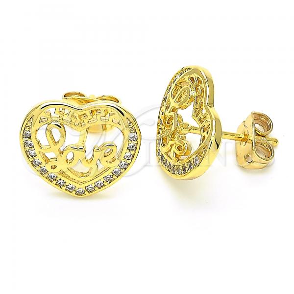 Oro Laminado Stud Earring, Gold Filled Style Heart and Love Design, with White Micro Pave, Polished, Golden Finish, 02.156.0398