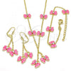 Oro Laminado Earring and Pendant Children Set, Gold Filled Style Butterfly Design, with White Crystal, Pink Enamel Finish, Golden Finish, 06.60.0004.1