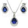 Sterling Silver Earring and Pendant Adult Set, Teardrop Design, with Sapphire Blue Cubic Zirconia and White Micro Pave, Polished, Rhodium Finish, 10.175.0072.2