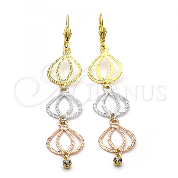 Oro Laminado Long Earring, Gold Filled Style Teardrop Design, with White Cubic Zirconia, Diamond Cutting Finish, Tricolor, 5.085.006