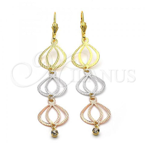Oro Laminado Long Earring, Gold Filled Style Teardrop Design, with White Cubic Zirconia, Diamond Cutting Finish, Tricolor, 5.085.006
