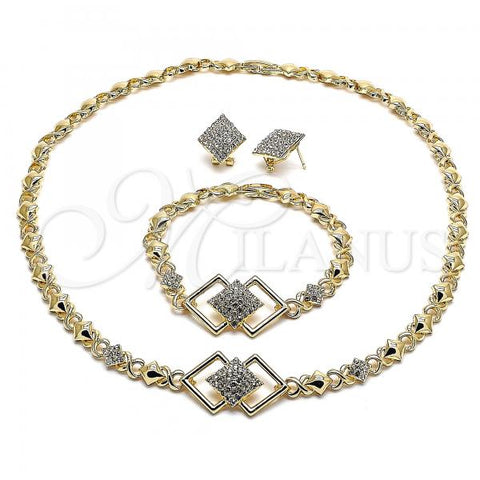 Oro Laminado Necklace, Bracelet and Earring, Gold Filled Style Hugs and Kisses Design, with White Crystal, Polished, Golden Finish, 06.372.0010