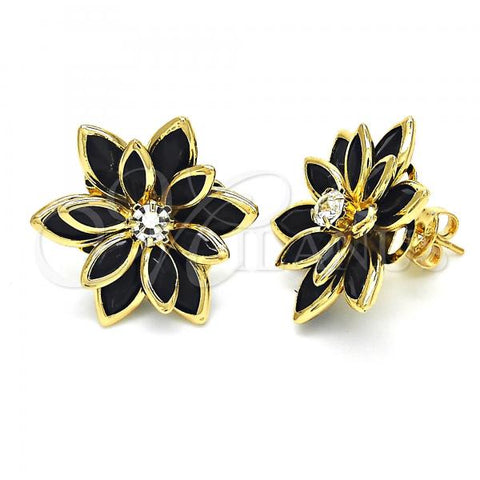 Oro Laminado Stud Earring, Gold Filled Style Flower Design, with Black Crystal and White Cubic Zirconia, Polished, Golden Finish, 02.64.0639.4