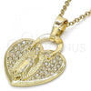 Oro Laminado Fancy Pendant, Gold Filled Style Heart and Guadalupe Design, with White Crystal, Polished, Golden Finish, 05.213.0017