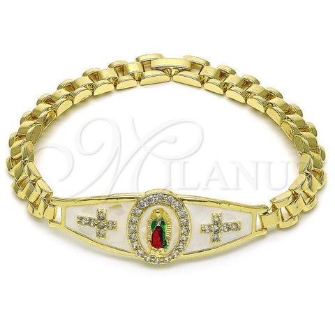Oro Laminado Fancy Bracelet, Gold Filled Style Guadalupe and Cross Design, with White Cubic Zirconia, White Enamel Finish, Tricolor, 03.411.0020.08