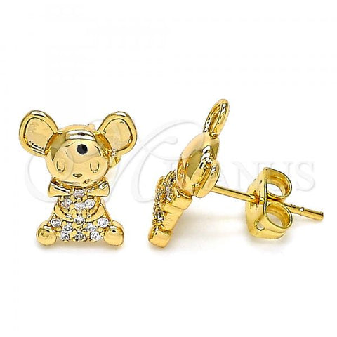 Oro Laminado Stud Earring, Gold Filled Style Teddy Bear Design, with White Micro Pave, Polished, Golden Finish, 02.377.0018
