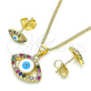 Oro Laminado Earring and Pendant Adult Set, Gold Filled Style Evil Eye Design, with Multicolor Micro Pave, White Enamel Finish, Golden Finish, 10.156.0385.1