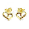 Oro Laminado Stud Earring, Gold Filled Style Heart Design, with Garnet Micro Pave, Polished, Golden Finish, 02.156.0621.1