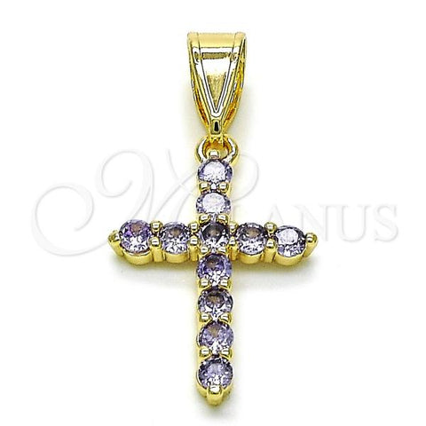 Oro Laminado Religious Pendant, Gold Filled Style Cross Design, with Amethyst Cubic Zirconia, Polished, Golden Finish, 05.253.0182.1