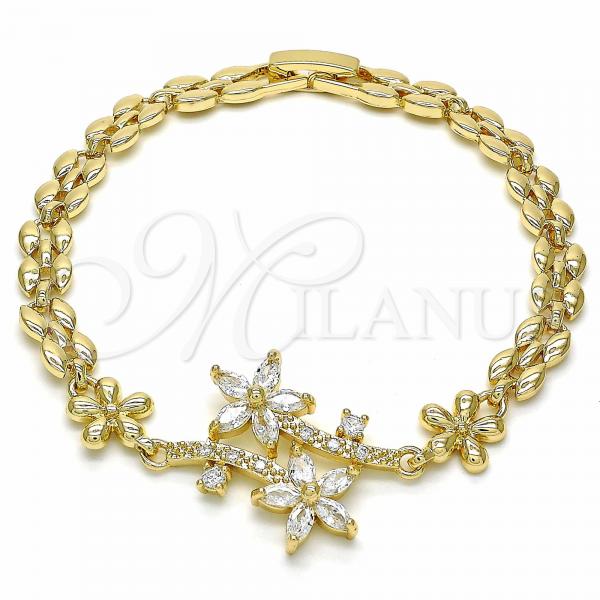 Oro Laminado Fancy Bracelet, Gold Filled Style Flower Design, with White Cubic Zirconia, Polished, Golden Finish, 03.357.0011.07