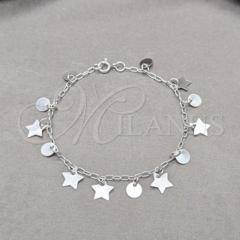 Sterling Silver Fancy Bracelet, Star and Paperclip Design, Polished, Silver Finish, 03.409.0124.07