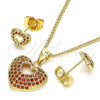 Oro Laminado Earring and Pendant Adult Set, Gold Filled Style Heart Design, with Garnet Micro Pave, Polished, Golden Finish, 10.156.0411.1