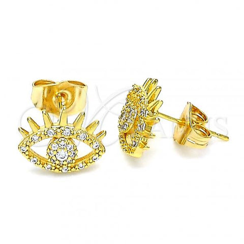 Oro Laminado Stud Earring, Gold Filled Style Evil Eye Design, with White Micro Pave, Polished, Golden Finish, 02.310.0037