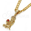 Oro Laminado Religious Pendant, Gold Filled Style San Lazaro Design, with White and Garnet Cubic Zirconia, Polished, Golden Finish, 05.120.0036