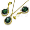 Oro Laminado Earring and Pendant Adult Set, Gold Filled Style Teardrop Design, with Green and White Crystal, Polished, Golden Finish, 10.379.0045.3