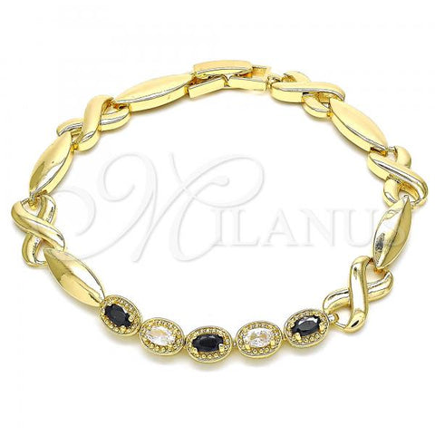 Oro Laminado Fancy Bracelet, Gold Filled Style Hugs and Kisses Design, with Black and White Cubic Zirconia, Polished, Golden Finish, 03.210.0132.2.07