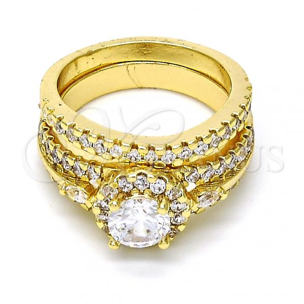 Oro Laminado Solitaire Ring, Gold Filled Style Duo Design, with White Cubic Zirconia, Polished, Golden Finish, 01.99.0075.08 (Size 8)