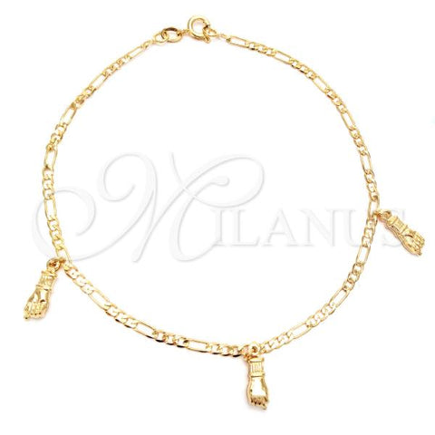 Oro Laminado Charm Anklet , Gold Filled Style Figa Hand and Figaro Design, Polished, Golden Finish, 03.58.0017.10