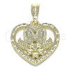 Oro Laminado Religious Pendant, Gold Filled Style Guadalupe and Heart Design, Polished, Golden Finish, 05.351.0200.1