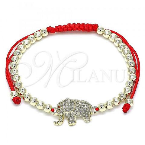 Oro Laminado Adjustable Bolo Bracelet, Gold Filled Style Elephant and Ball Design, with White and Ruby Micro Pave, Polished, Golden Finish, 03.299.0010.2.10