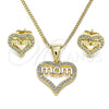 Oro Laminado Earring and Pendant Adult Set, Gold Filled Style Mom and Heart Design, with White Micro Pave, Polished, Golden Finish, 10.342.0053