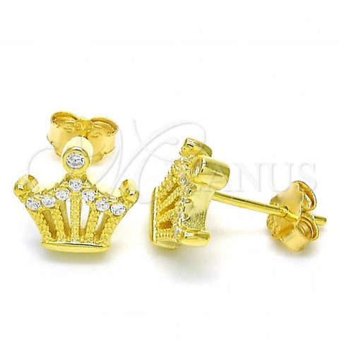 Sterling Silver Stud Earring, Crown Design, with White Cubic Zirconia, Polished, Golden Finish, 02.336.0052.2