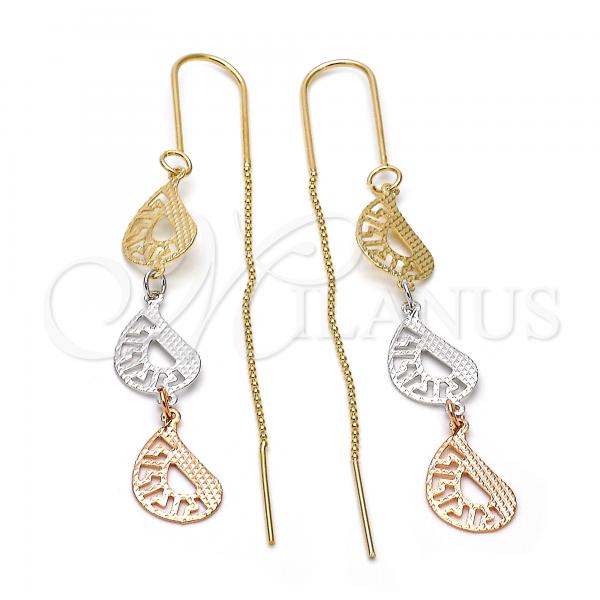 Oro Laminado Long Earring, Gold Filled Style Greek Key Design, Diamond Cutting Finish, Tricolor, 5.118.006