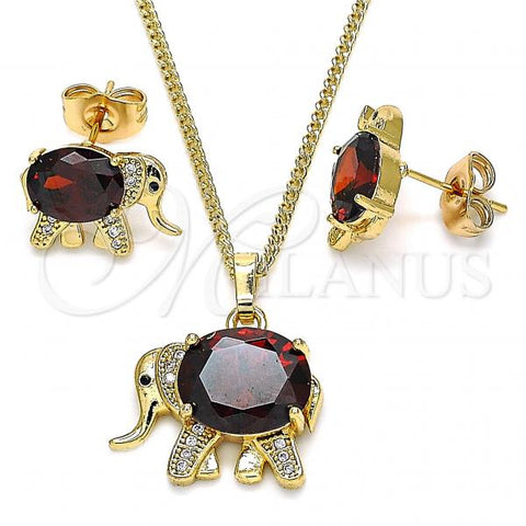 Oro Laminado Earring and Pendant Adult Set, Gold Filled Style Elephant Design, with Garnet Cubic Zirconia and White Micro Pave, Polished, Golden Finish, 10.210.0125.2