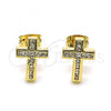 Oro Laminado Stud Earring, Gold Filled Style Cross Design, with White Cubic Zirconia, Polished, Golden Finish, 02.342.0227