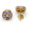 Oro Laminado Stud Earring, Gold Filled Style Flower Design, with Amethyst and White Cubic Zirconia, Polished, Golden Finish, 02.210.0040.5